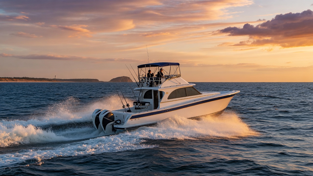Sportfishing boat cruising the Atlantic at sunset