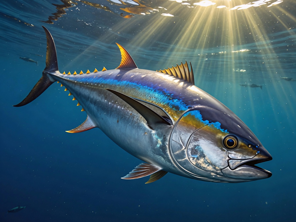 Atlantic bluefin tuna underwater with sunlight rays